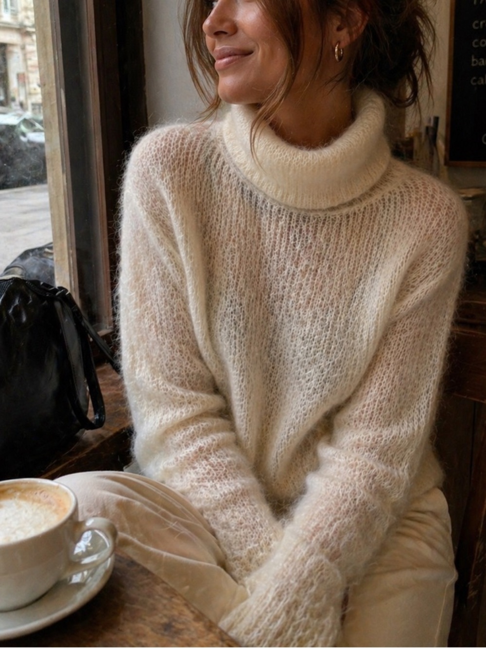 DKNY Kid Mohair Sweater Sheer Turtleneck Cream Fuzzy Knit Lightweight Women’s M